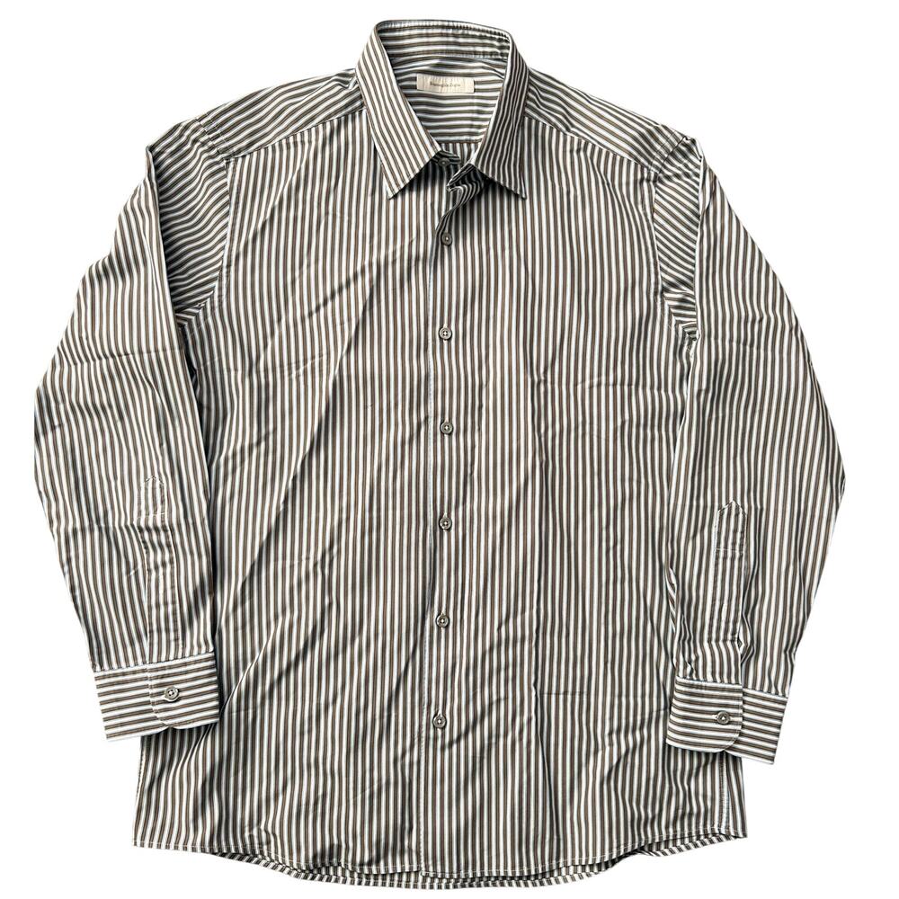 Ermenegildo Zegna Strip White Blue & Brown Cotton Silk Blend Men Button Up Sz L